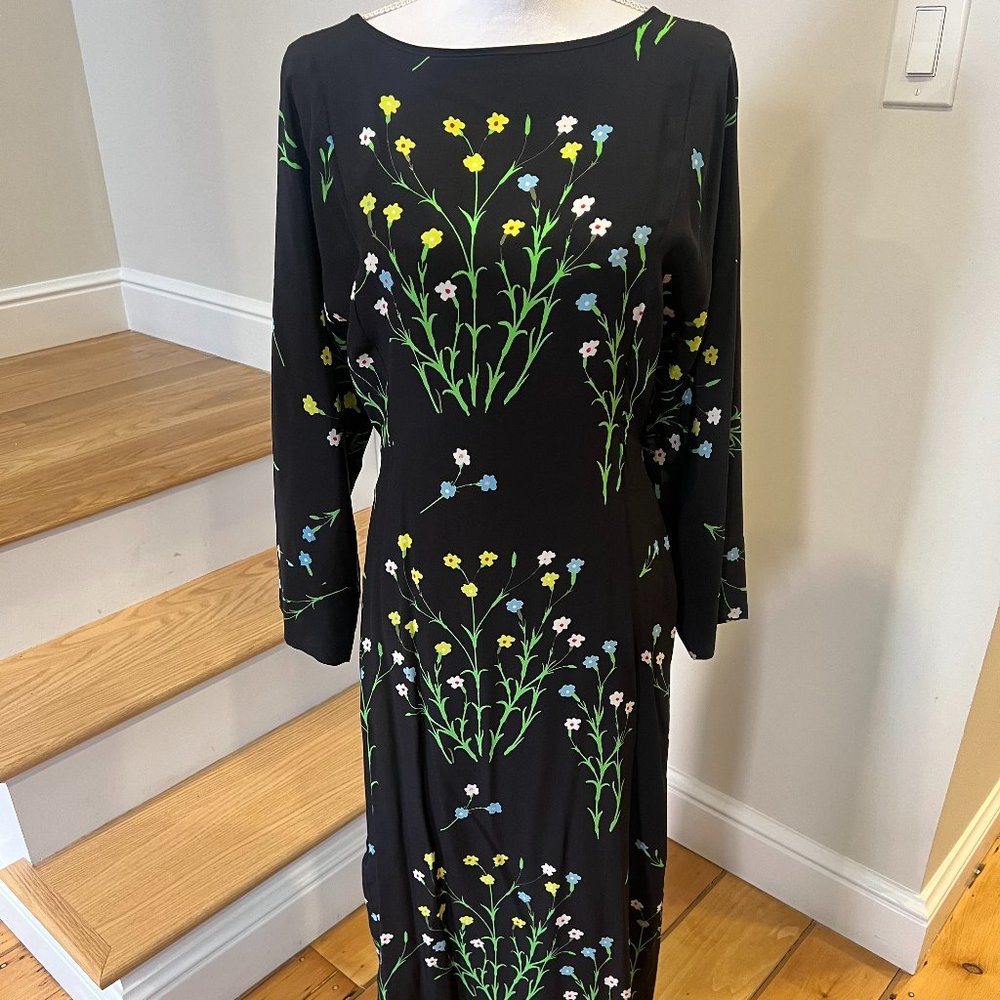 Bernadette Crepe De Chine Black Floral Midi Dress Size 38